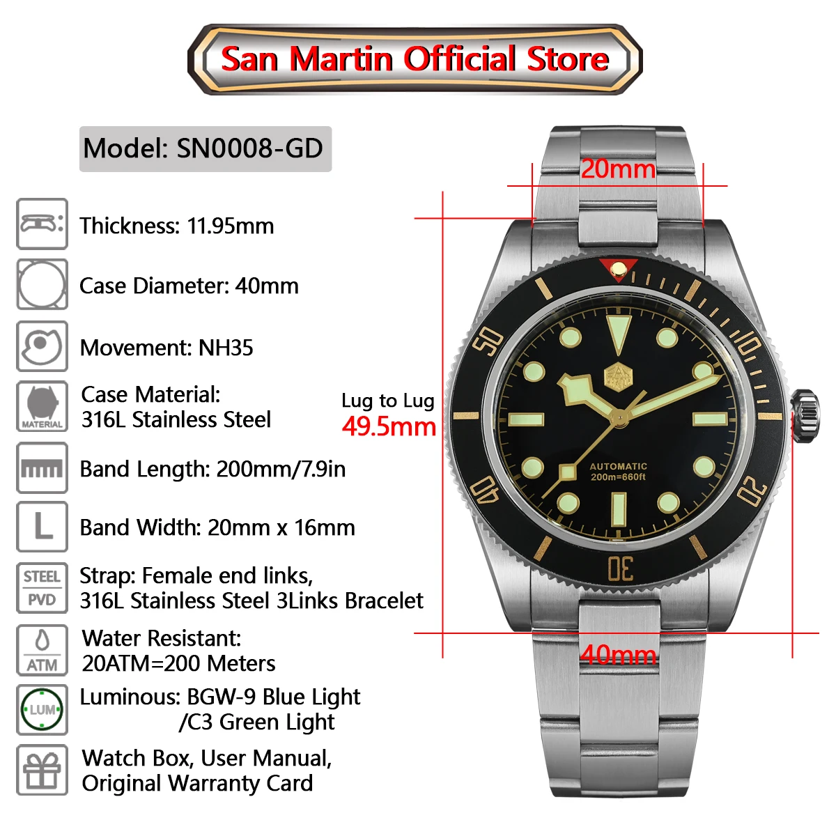 San Martin New 40mm BB58 Retro Luxury Diver Watch NH35 Automatic Mechanical Watches For Men Sapphire Luminous 20Bar Reloj SN0008