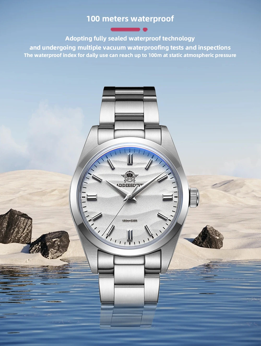 ADDIESDIVE Hot Sale AD2030 Without LOGO Watch Stainless Steel 100M Waterproof Quartz Watches 3D Sand Dial Men's Wristwatch Dress