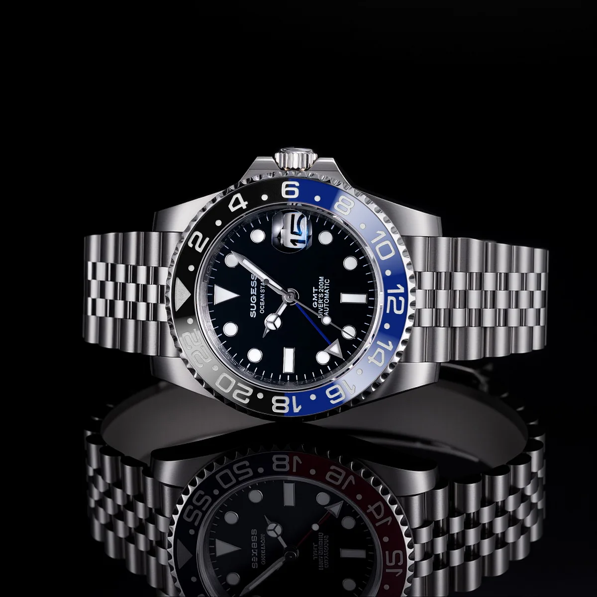 Sugess GMT Diving Watch of Men Automatic Mechanical Waterproof Wristwatches Peacock SL3032 Movement Ceramic Bezel Jubille Band