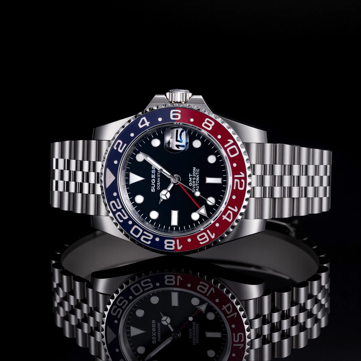 Sugess GMT Diving Watch of Men Automatic Mechanical Waterproof Wristwatches Peacock SL3032 Movement Ceramic Bezel Jubille Band