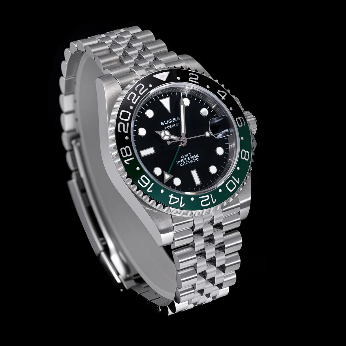 Sugess GMT Diving Watch of Men Automatic Mechanical Waterproof Wristwatches Peacock SL3032 Movement Ceramic Bezel Jubille Band