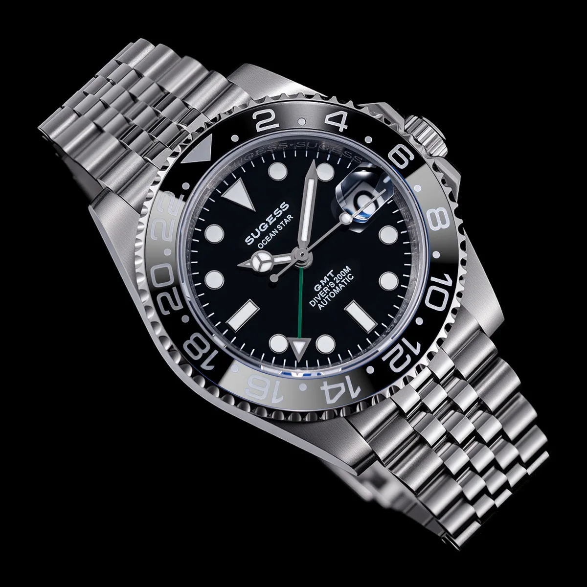 Sugess GMT Diving Watch of Men Automatic Mechanical Waterproof Wristwatches Peacock SL3032 Movement Ceramic Bezel Jubille Band