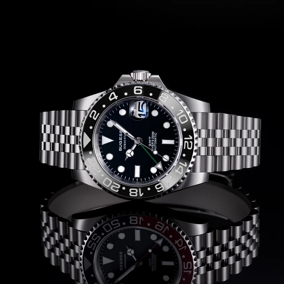Sugess GMT Diving Watch of Men Automatic Mechanical Waterproof Wristwatches Peacock SL3032 Movement Ceramic Bezel Jubille Band