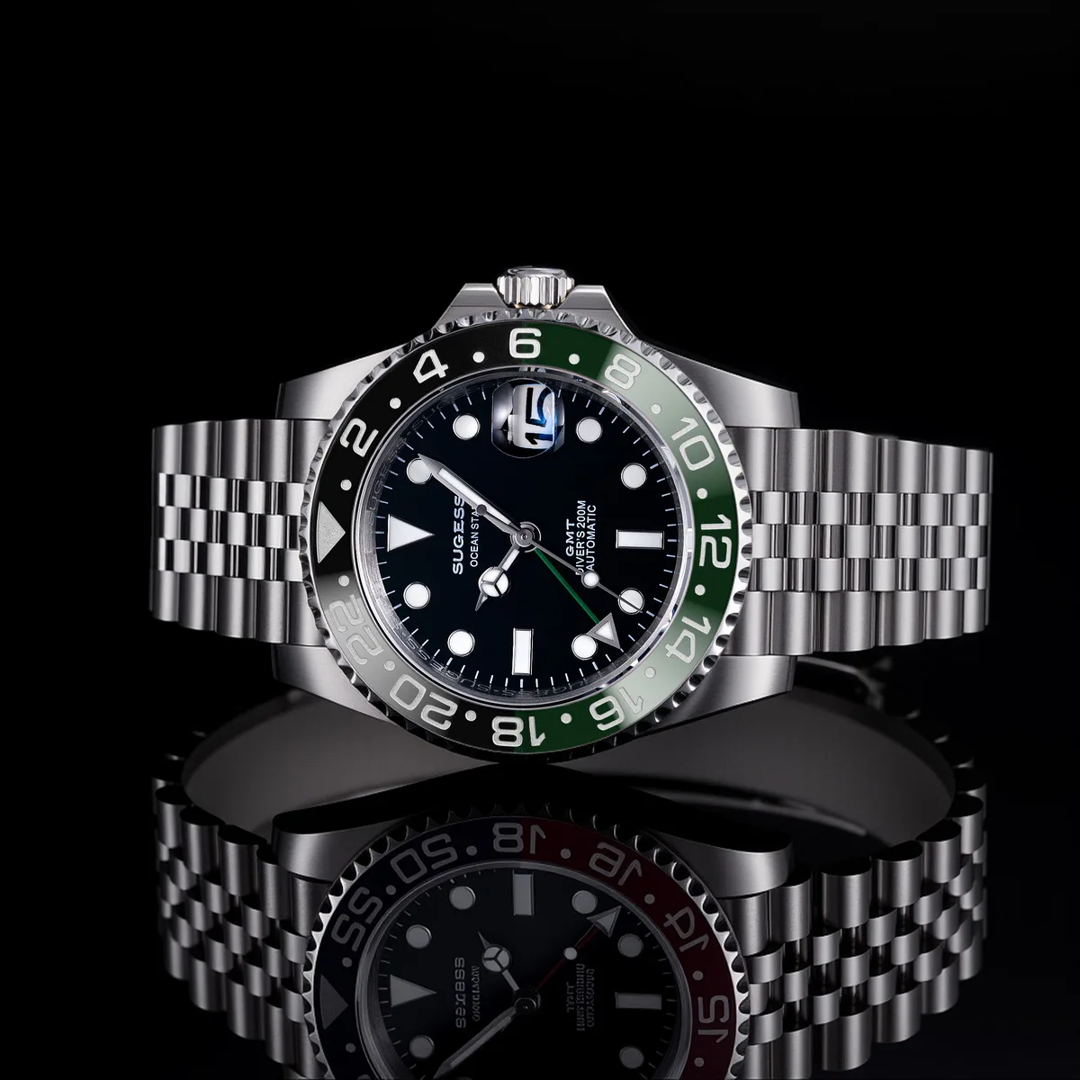 Sugess GMT Diving Watch of Men Automatic Mechanical Waterproof Wristwatches Peacock SL3032 Movement Ceramic Bezel Jubille Band