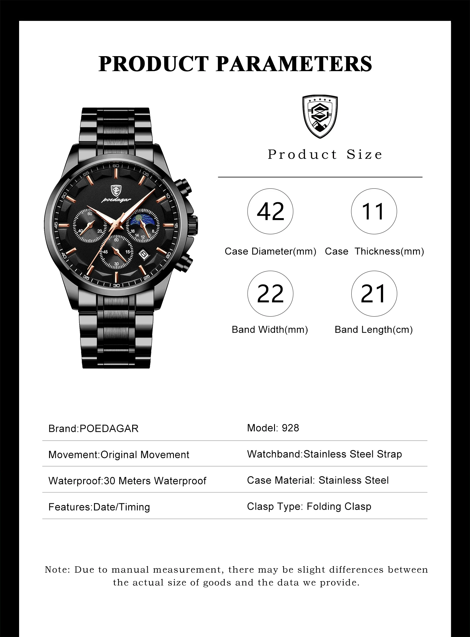 POEDAGAR Top Fashion Men's Watches Waterproof Luminous Stainless Steel Men Wristwatch Chronograph Date Quartz Business Man Watch