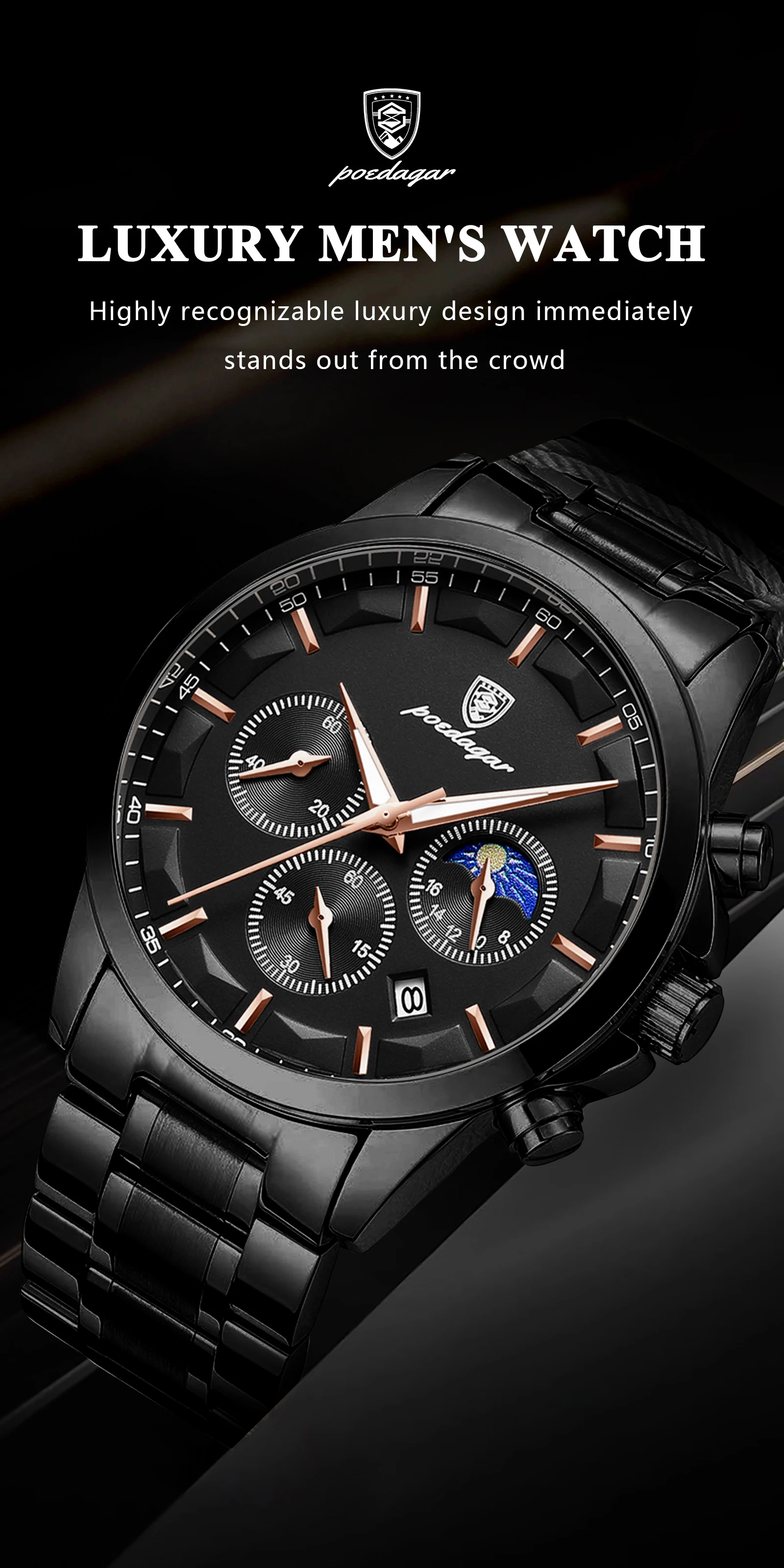 POEDAGAR Top Fashion Men's Watches Waterproof Luminous Stainless Steel Men Wristwatch Chronograph Date Quartz Business Man Watch