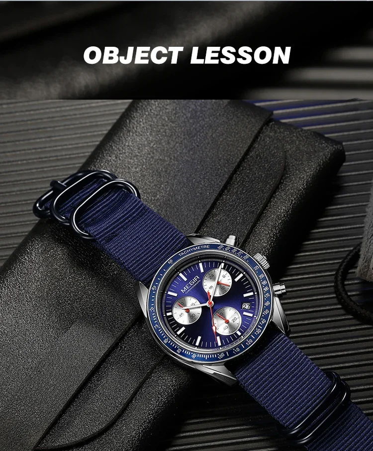 MEGIR New Luxury Men's Watches Canvas Weaving Strap Sport Automatic Chronograph Quartz Waterproof Wristwatch for Male 2247