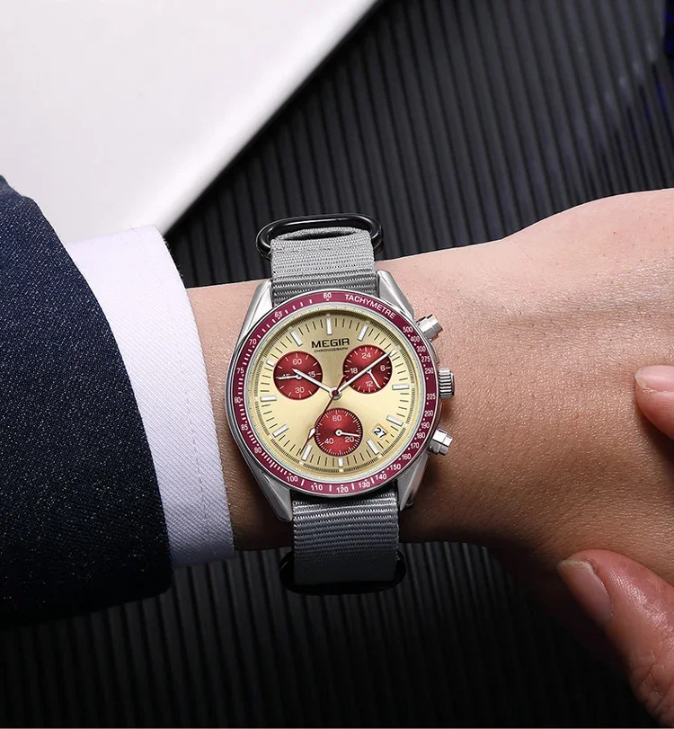 MEGIR New Luxury Men's Watches Canvas Weaving Strap Sport Automatic Chronograph Quartz Waterproof Wristwatch for Male 2247