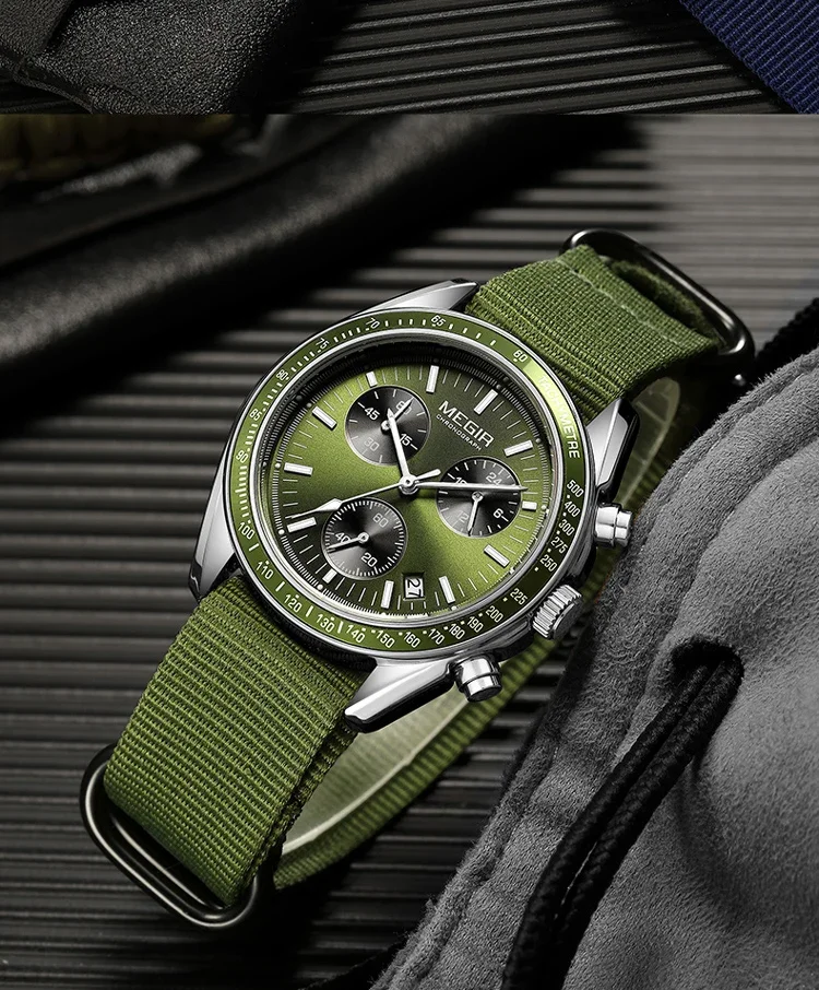 MEGIR New Luxury Men's Watches Canvas Weaving Strap Sport Automatic Chronograph Quartz Waterproof Wristwatch for Male 2247