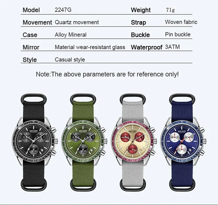 MEGIR New Luxury Men's Watches Canvas Weaving Strap Sport Automatic Chronograph Quartz Waterproof Wristwatch for Male 2247