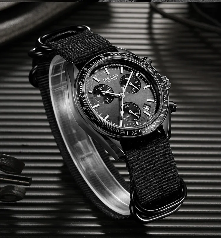 MEGIR New Luxury Men's Watches Canvas Weaving Strap Sport Automatic Chronograph Quartz Waterproof Wristwatch for Male 2247