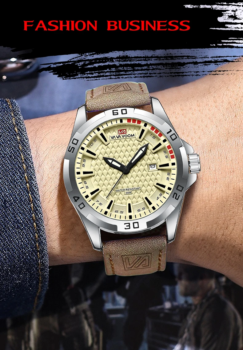 VA VA VOOM Men Casual Sport Military Quartz Calendar Wrist Watch for Man Business Leather Waterproof Male Clock Relogio Masculin
