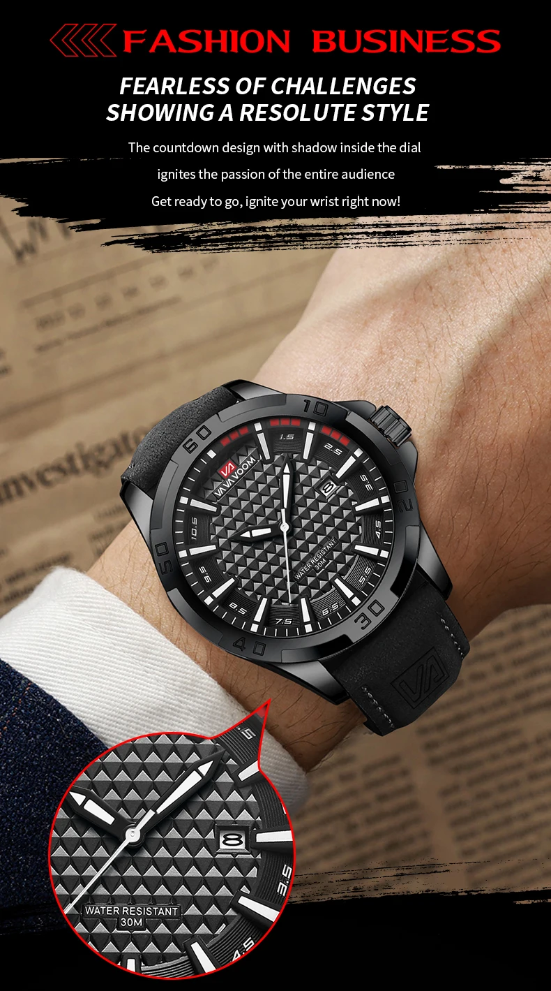 VA VA VOOM Men Casual Sport Military Quartz Calendar Wrist Watch for Man Business Leather Waterproof Male Clock Relogio Masculin