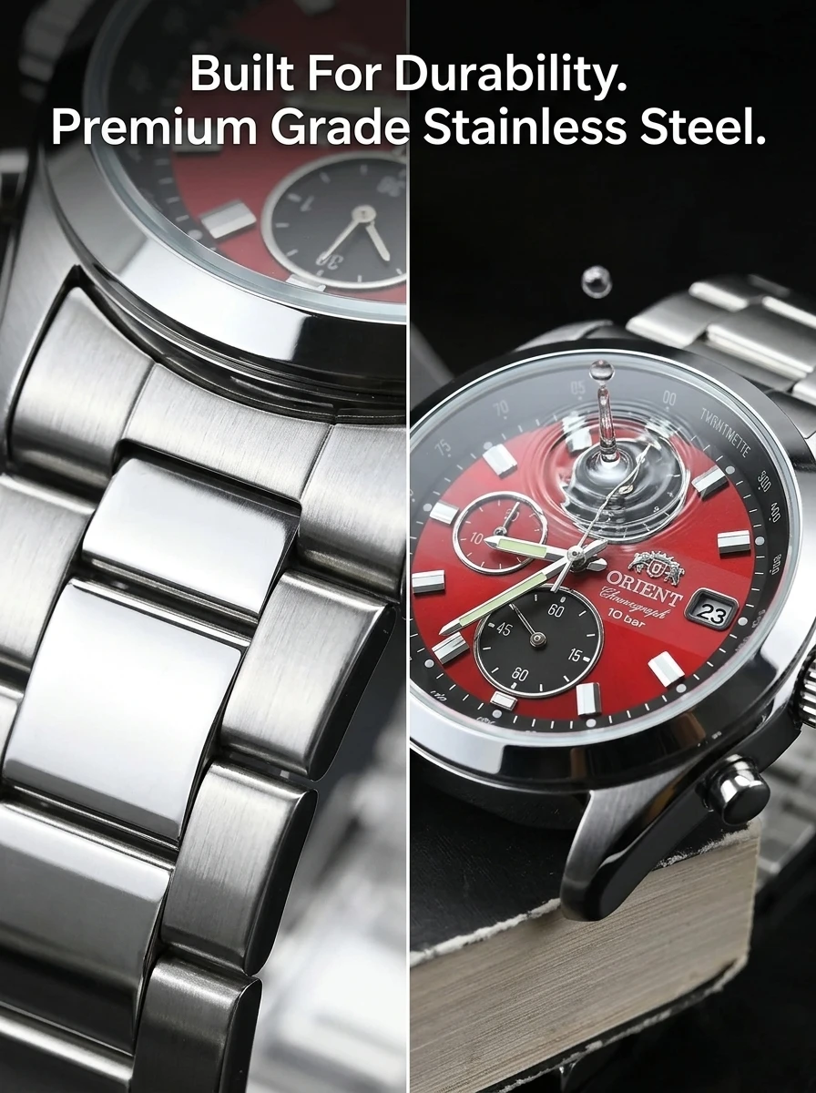 Japan Orient Quartz Chronograph Men Watch Tachymeter Date 100M Waterproof Stainless Steel Sports Wristwatch