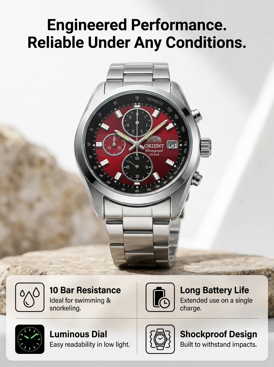 Japan Orient Quartz Chronograph Men Watch Tachymeter Date 100M Waterproof Stainless Steel Sports Wristwatch