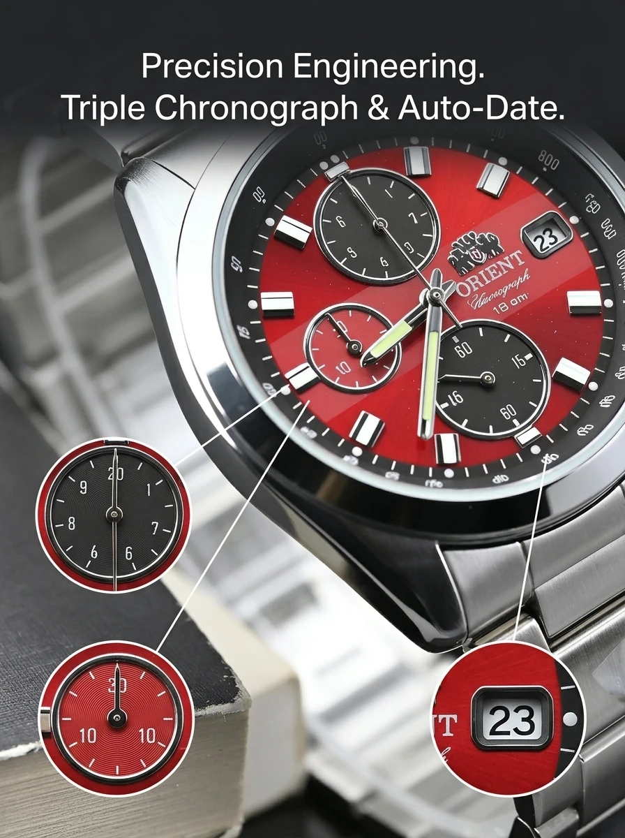 Japan Orient Quartz Chronograph Men Watch Tachymeter Date 100M Waterproof Stainless Steel Sports Wristwatch