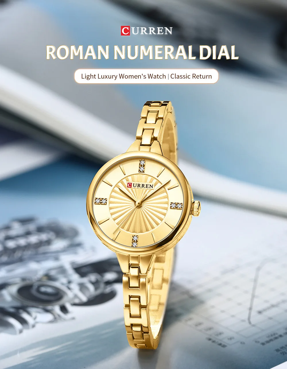 CURREN 9097 Top Brand Women's Quartz Watch Fashion Casual Gold Silver Waterproof Stainless Steel Strap Women's Elegant Watch
