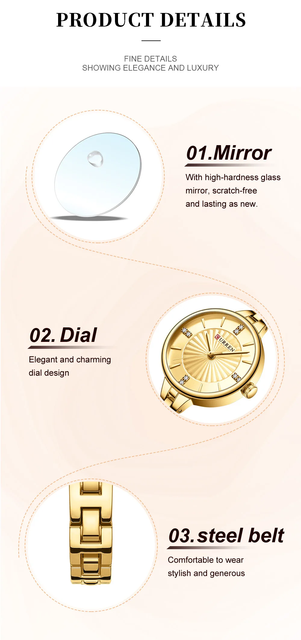 CURREN 9097 Top Brand Women's Quartz Watch Fashion Casual Gold Silver Waterproof Stainless Steel Strap Women's Elegant Watch