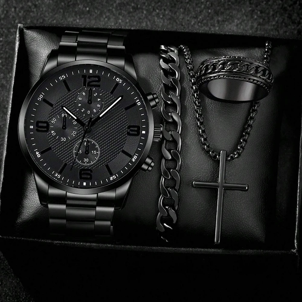 4PCS Business Men's Gift Box Watch Set Fashion Trend Quartz Watch Bracelet Necklace Ring Set Perfect Gift Set for Friends or Dad