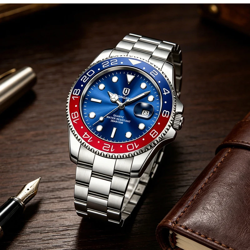 QINGXIYA Top Original Men Quartz Watches for Men Waterproof Calendar Stainless Steel Quartz Men Luxury Watch Luminous Wristwatch