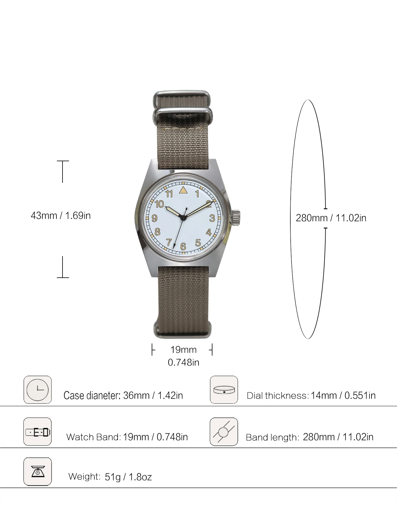 7120 Pilot's Mechanical Watch - 36mm Manual Winding, Retro Aviator Style for Men