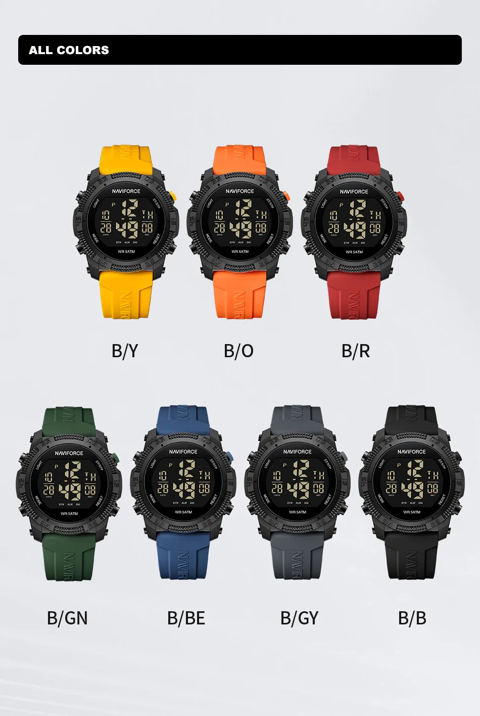 Naviforce 7104 Luxury Men Fashion Watch Water Resistant Wristwatches Silicone Strap LCD Electronic Clock Relogio Masculino