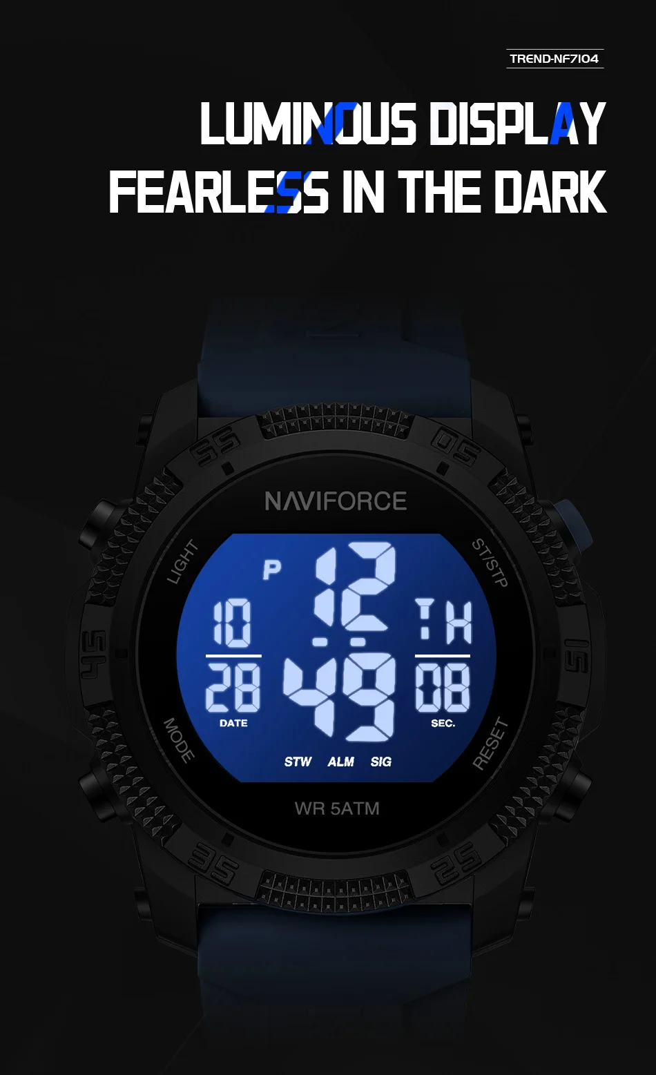 Naviforce 7104 Luxury Men Fashion Watch Water Resistant Wristwatches Silicone Strap LCD Electronic Clock Relogio Masculino