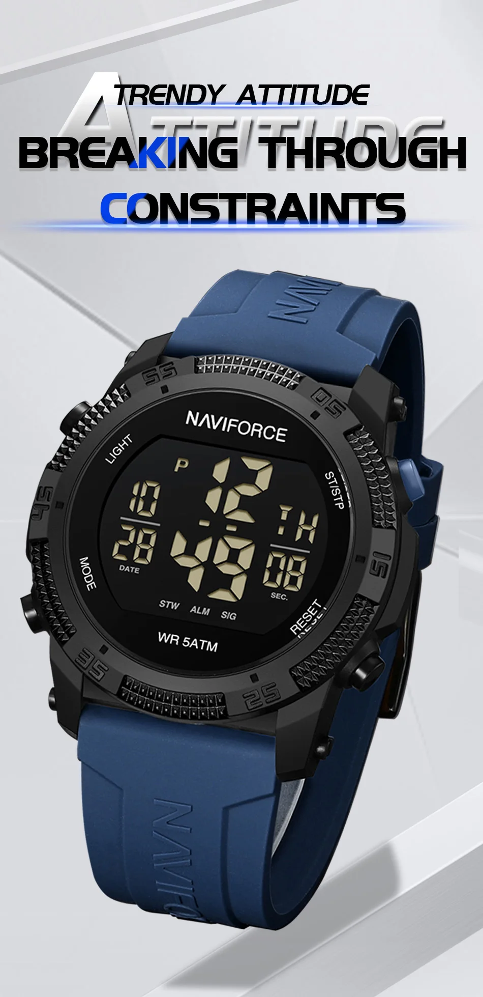 Naviforce 7104 Luxury Men Fashion Watch Water Resistant Wristwatches Silicone Strap LCD Electronic Clock Relogio Masculino