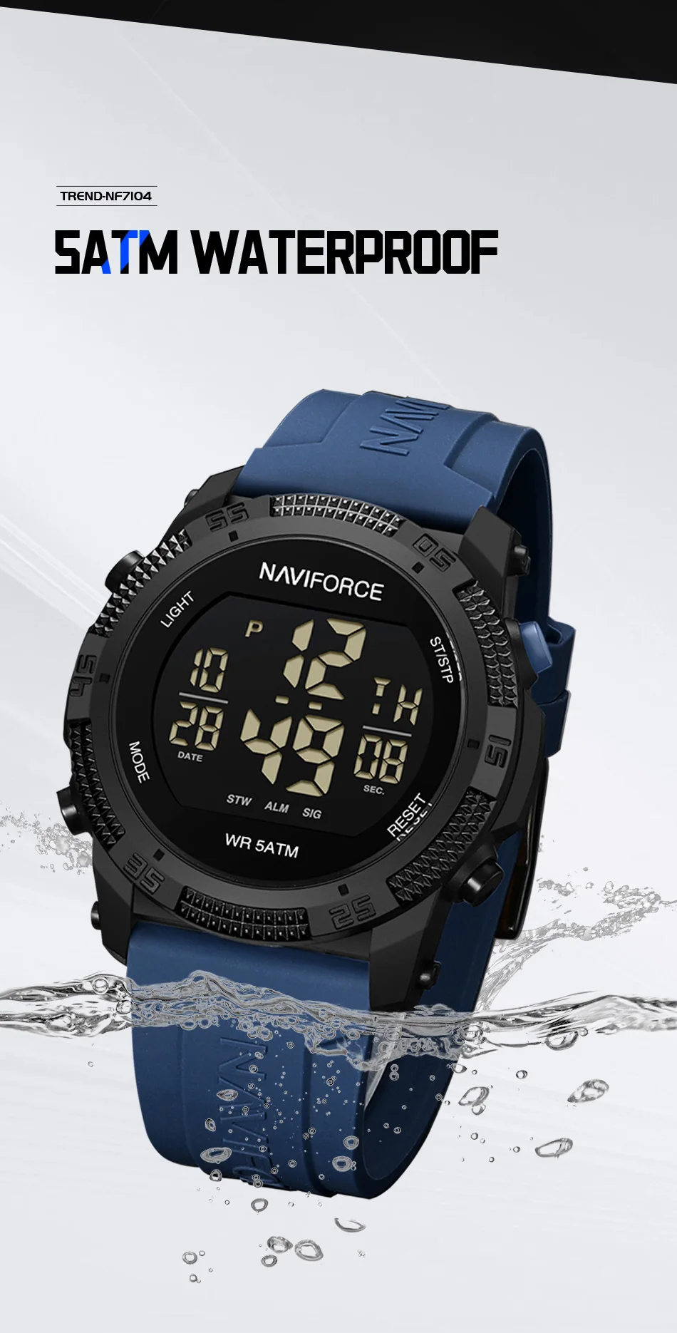 Naviforce 7104 Luxury Men Fashion Watch Water Resistant Wristwatches Silicone Strap LCD Electronic Clock Relogio Masculino