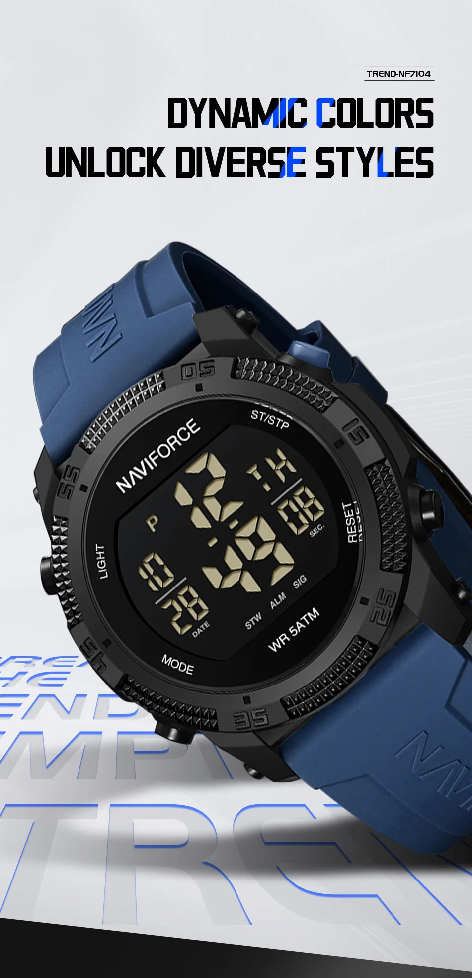 Naviforce 7104 Luxury Men Fashion Watch Water Resistant Wristwatches Silicone Strap LCD Electronic Clock Relogio Masculino