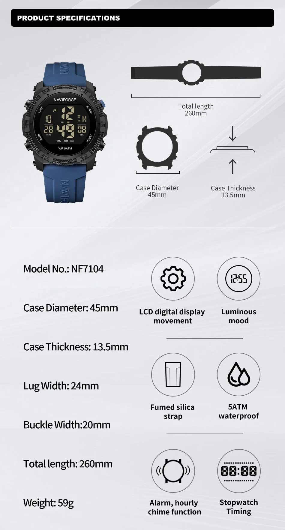 Naviforce 7104 Luxury Men Fashion Watch Water Resistant Wristwatches Silicone Strap LCD Electronic Clock Relogio Masculino