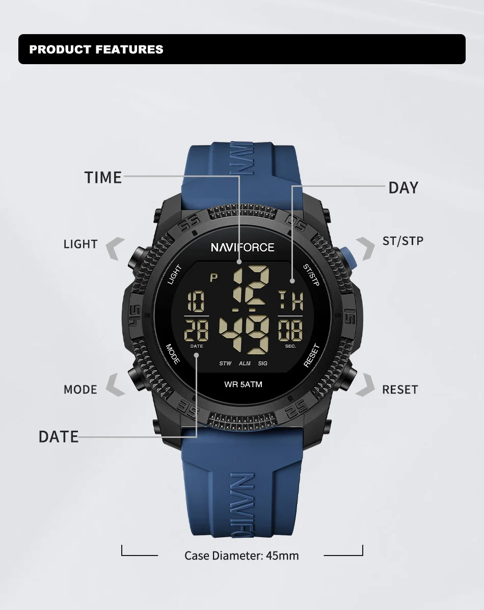 Naviforce 7104 Luxury Men Fashion Watch Water Resistant Wristwatches Silicone Strap LCD Electronic Clock Relogio Masculino