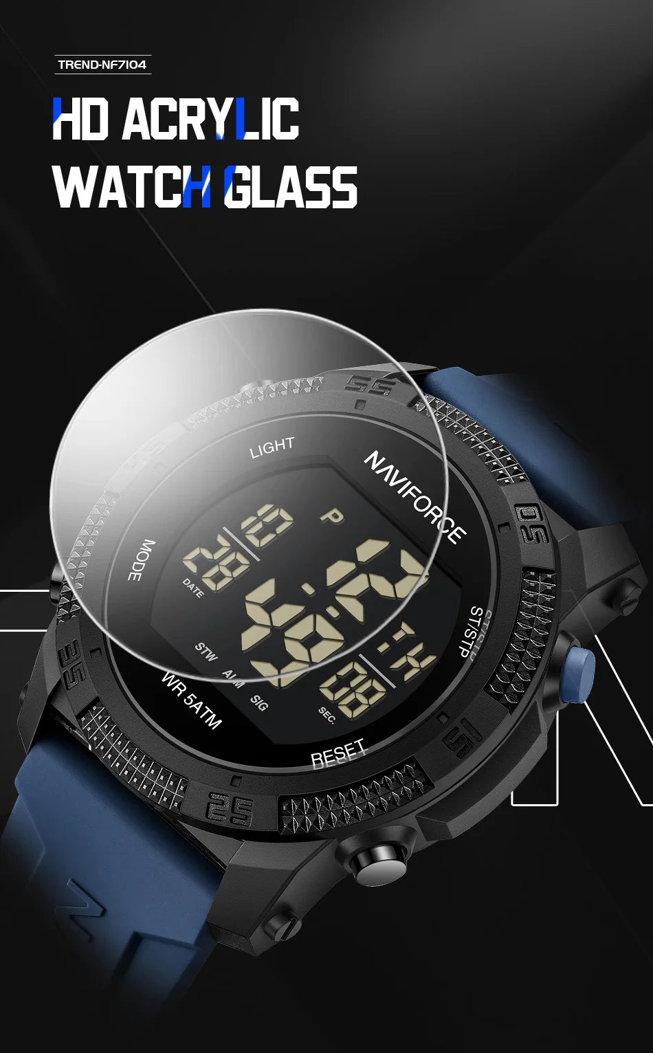 Naviforce 7104 Luxury Men Fashion Watch Water Resistant Wristwatches Silicone Strap LCD Electronic Clock Relogio Masculino