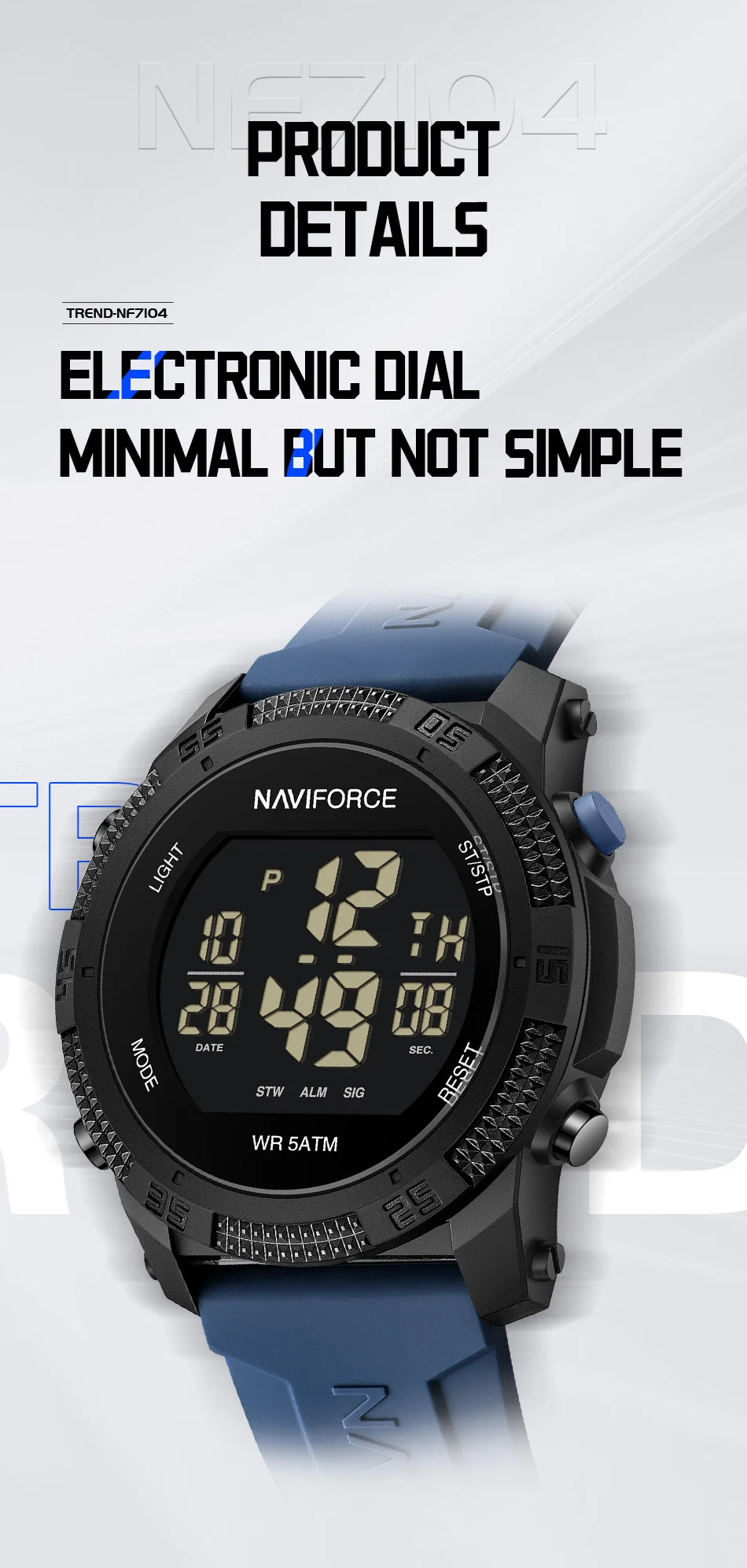 Naviforce 7104 Luxury Men Fashion Watch Water Resistant Wristwatches Silicone Strap LCD Electronic Clock Relogio Masculino