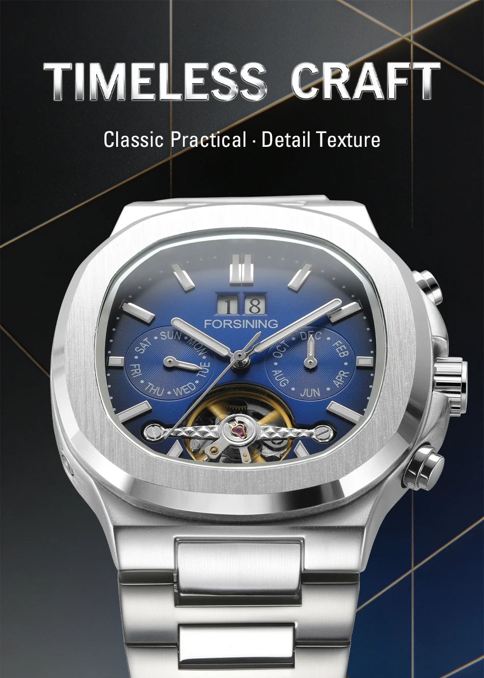 Forsining 481 Military Man Tourbillon Hands Watch Week Date Automatic Mechanical Watches Stainless Steel Clock Relogio Masculino