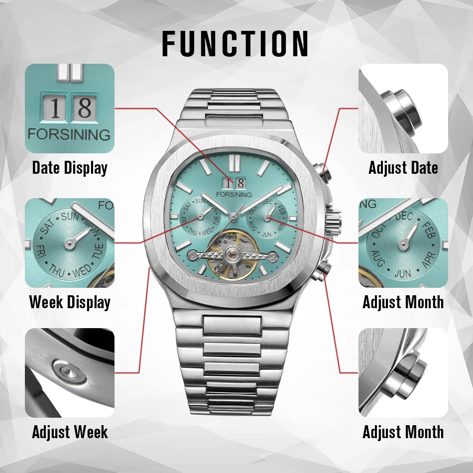 Forsining 481 Military Man Tourbillon Hands Watch Week Date Automatic Mechanical Watches Stainless Steel Clock Relogio Masculino