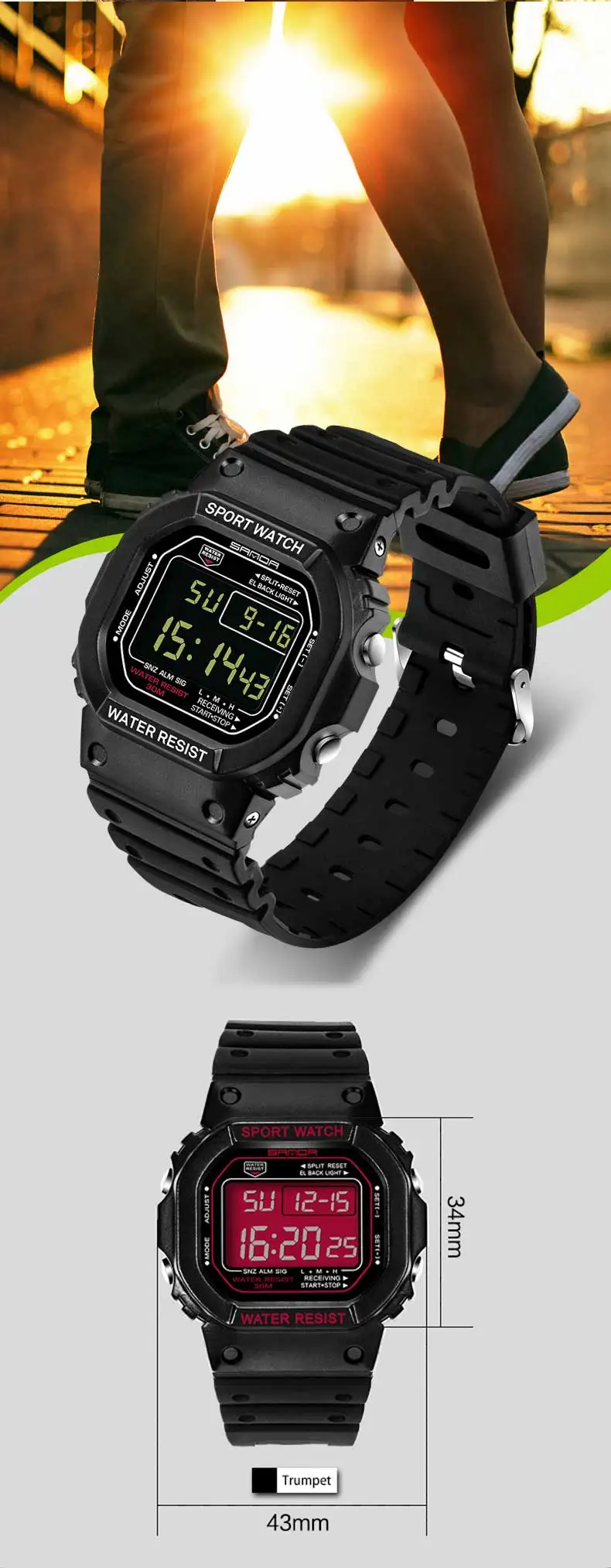 SANDA G Style LED Digital Watch Unisex Shockproof Waterproof Sports Watches Boy Girl Stopwatch Military LED Electronic Clock