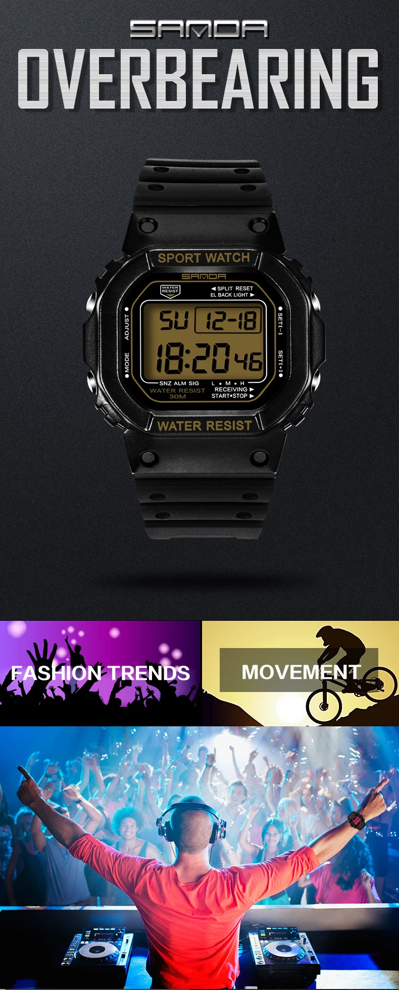 SANDA G Style LED Digital Watch Unisex Shockproof Waterproof Sports Watches Boy Girl Stopwatch Military LED Electronic Clock