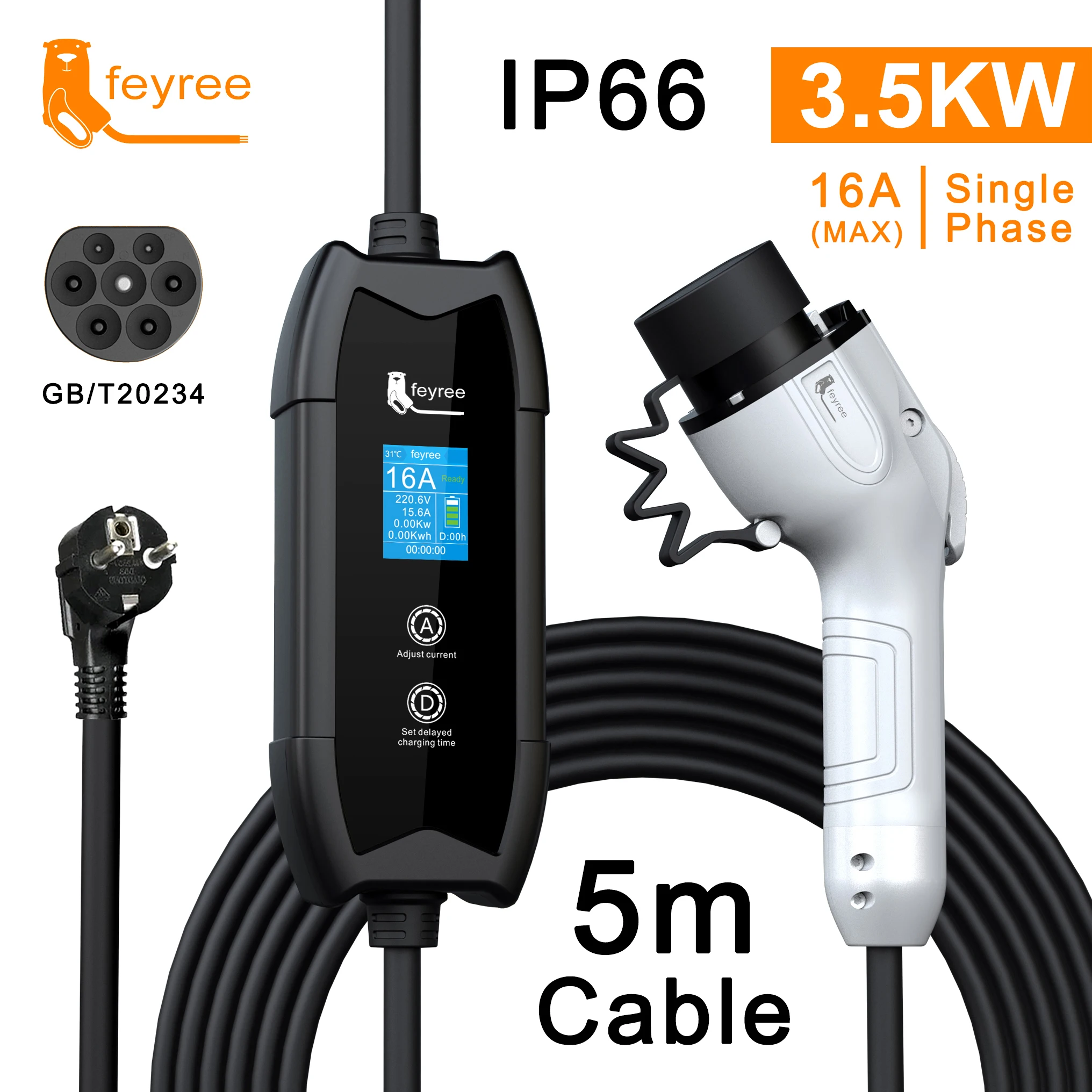 Feyree EV Charger Type2 16A 3.5kW Portable Charging Box 5M Cable GBT Socket Type1 J1772 Adapter for Electric Vehicle Car Charger