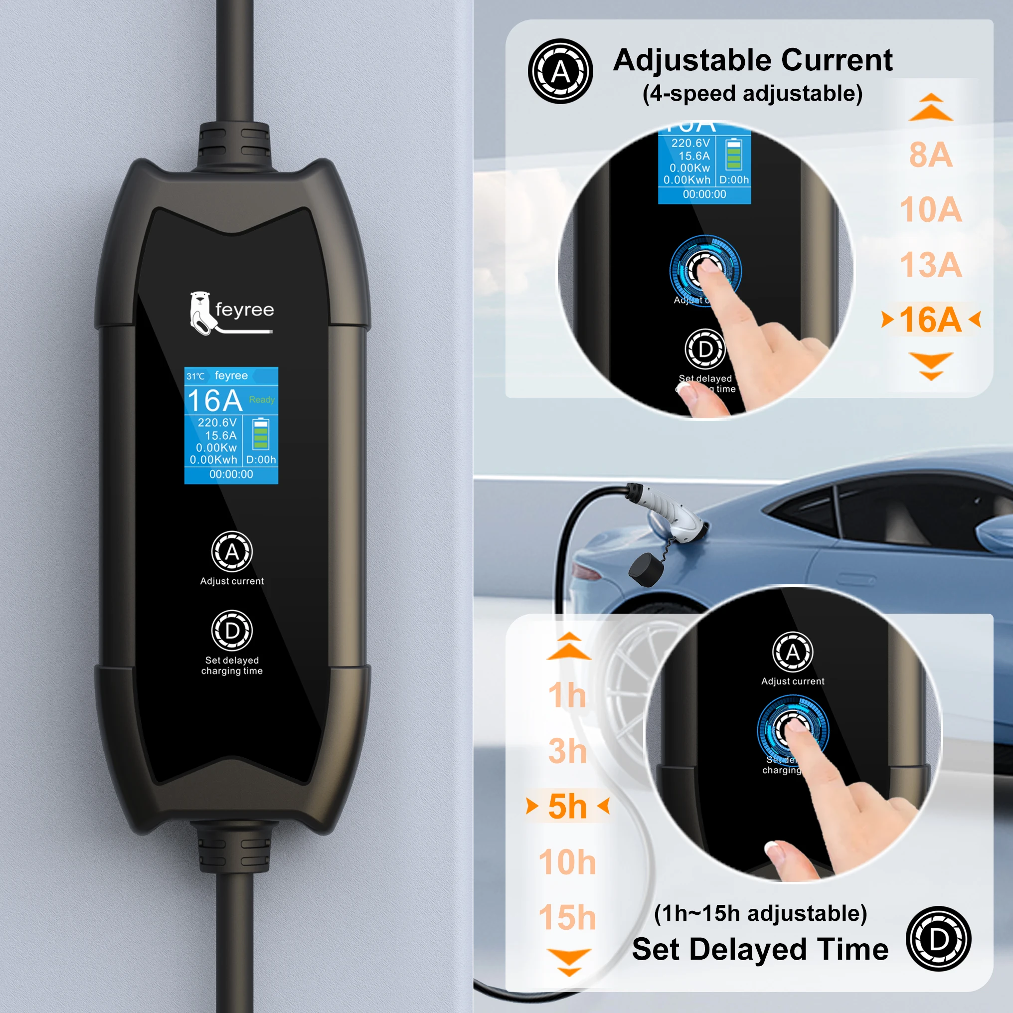 Feyree EV Charger Type2 16A 3.5kW Portable Charging Box 5M Cable GBT Socket Type1 J1772 Adapter for Electric Vehicle Car Charger