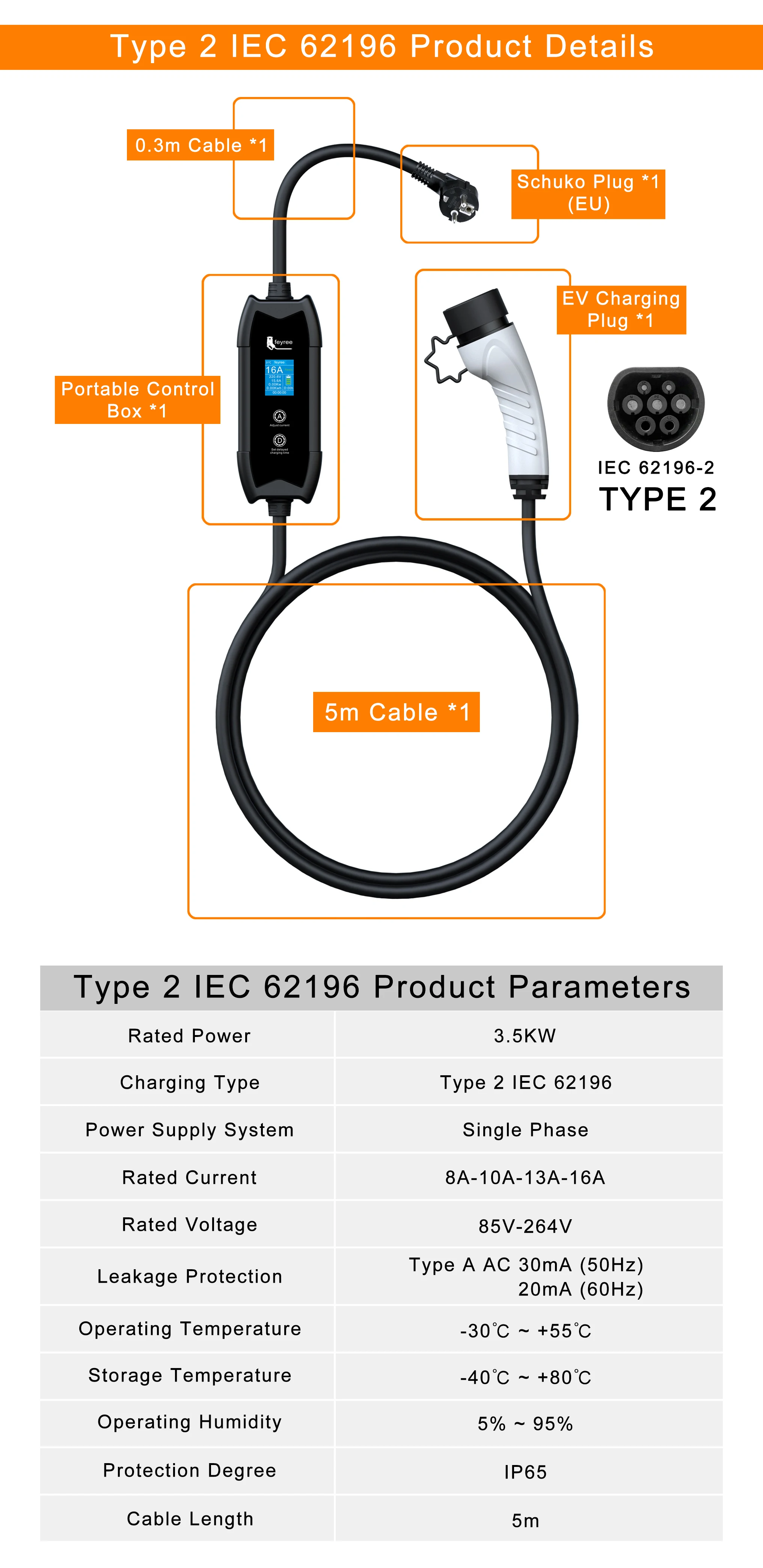 Feyree EV Charger Type2 16A 3.5kW Portable Charging Box 5M Cable GBT Socket Type1 J1772 Adapter for Electric Vehicle Car Charger