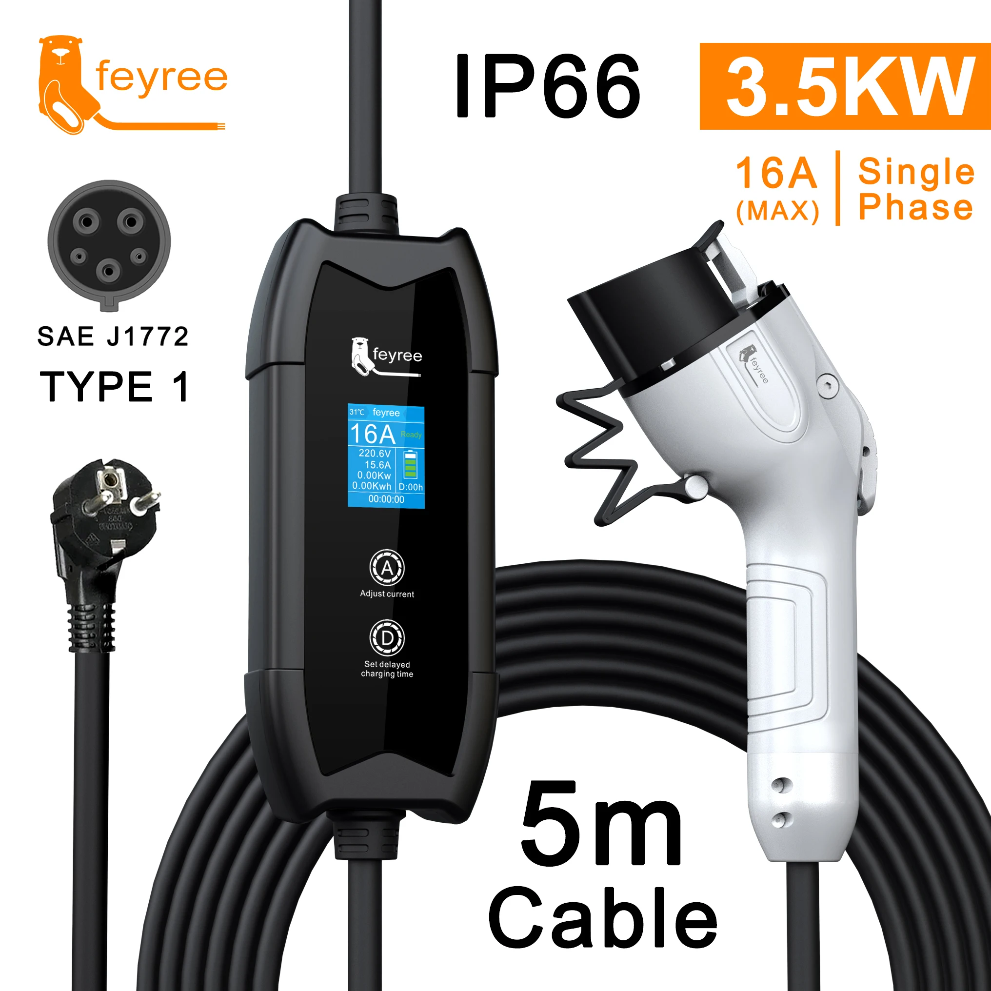 Feyree EV Charger Type2 16A 3.5kW Portable Charging Box 5M Cable GBT Socket Type1 J1772 Adapter for Electric Vehicle Car Charger