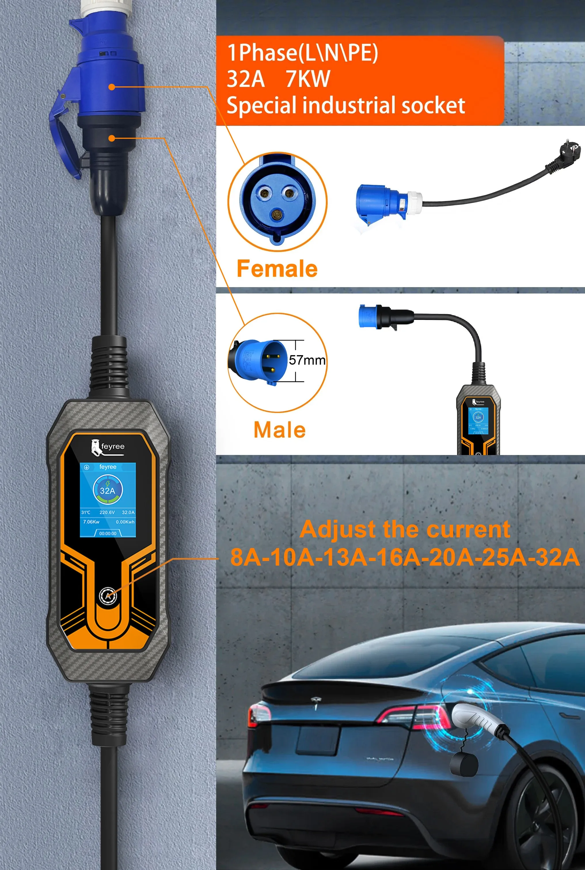 Feyree 11KW Type2 Cable 16A 3Phase EV Portable Charger 32A 7KW EVSE Charging Box 5M Cable CEE Male Plug for Electric Car Charger