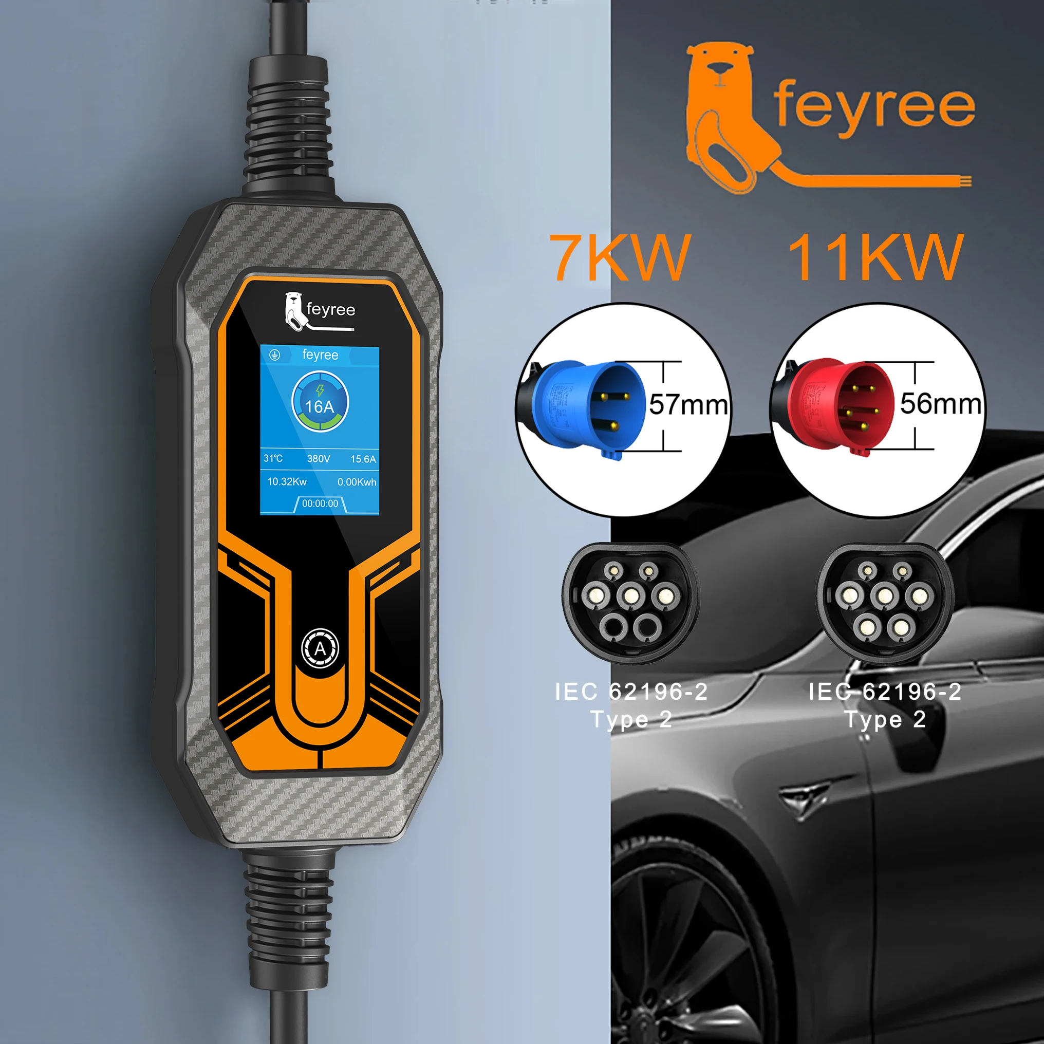 Feyree 11KW Type2 Cable 16A 3Phase EV Portable Charger 32A 7KW EVSE Charging Box 5M Cable CEE Male Plug for Electric Car Charger