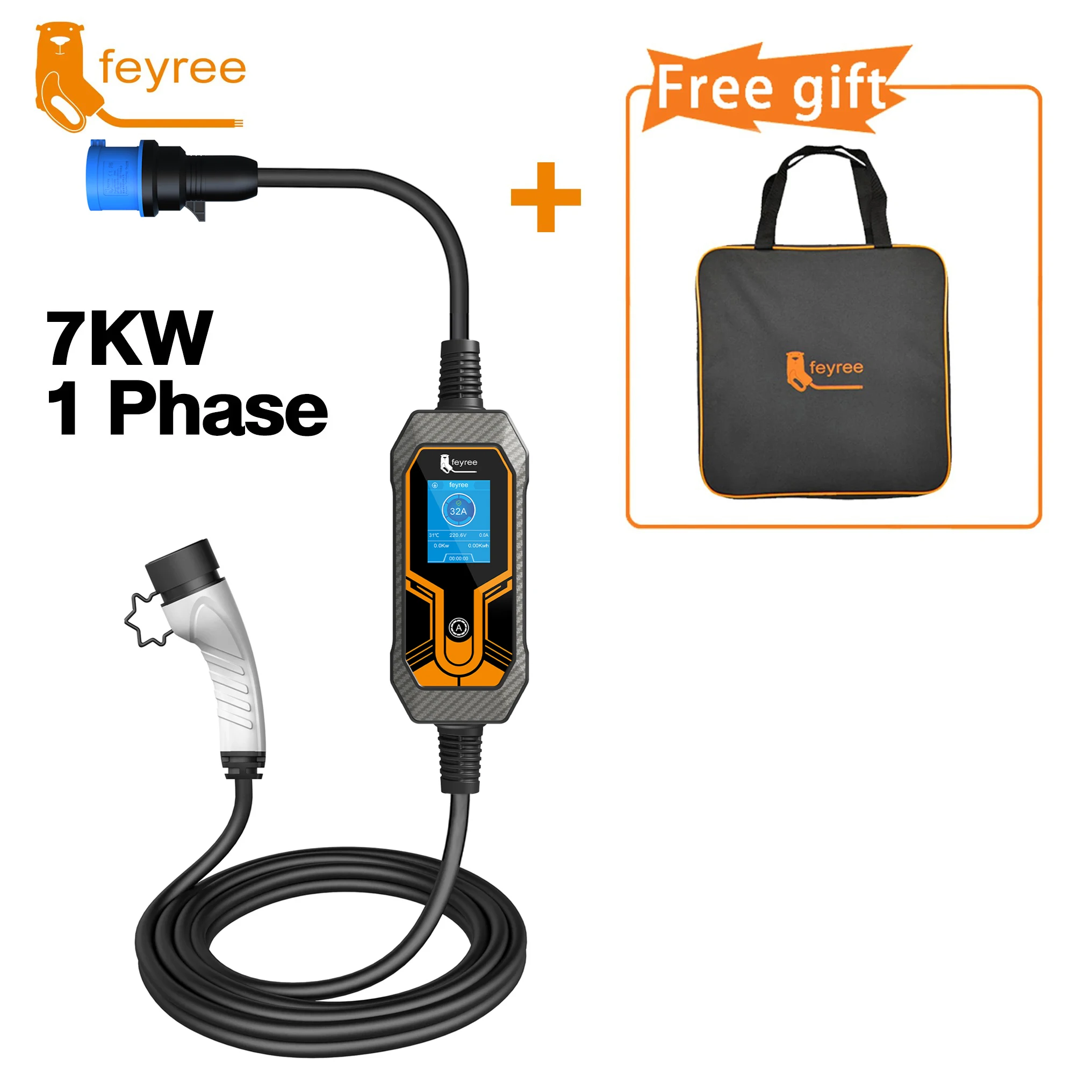 Feyree 11KW Type2 Cable 16A 3Phase EV Portable Charger 32A 7KW EVSE Charging Box 5M Cable CEE Male Plug for Electric Car Charger