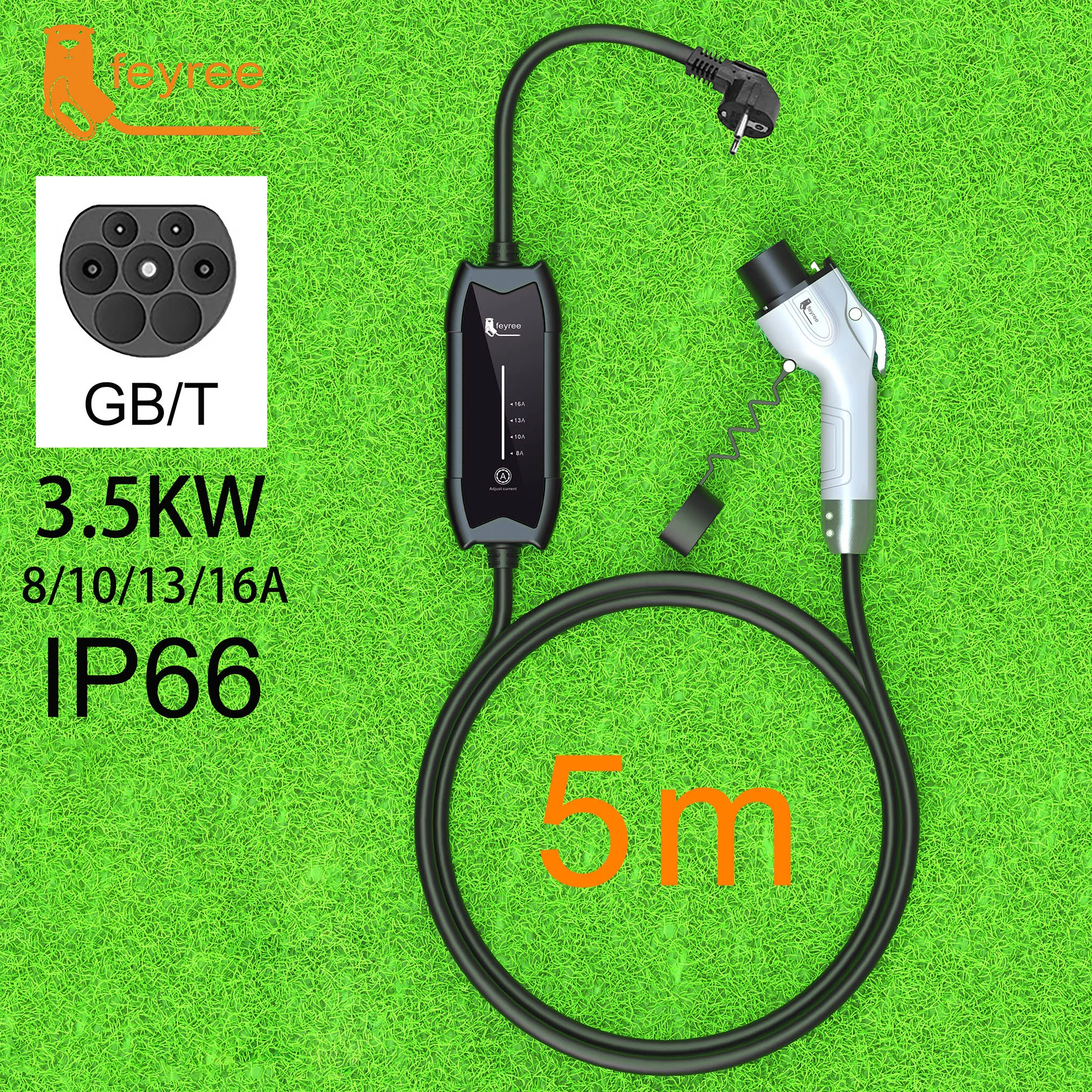 Feyree Type2 3.5KW 16A 1Phase EV Charger Portable Charging Box Current Adjustable 5m Cable Charging Station for Electric Vehicle