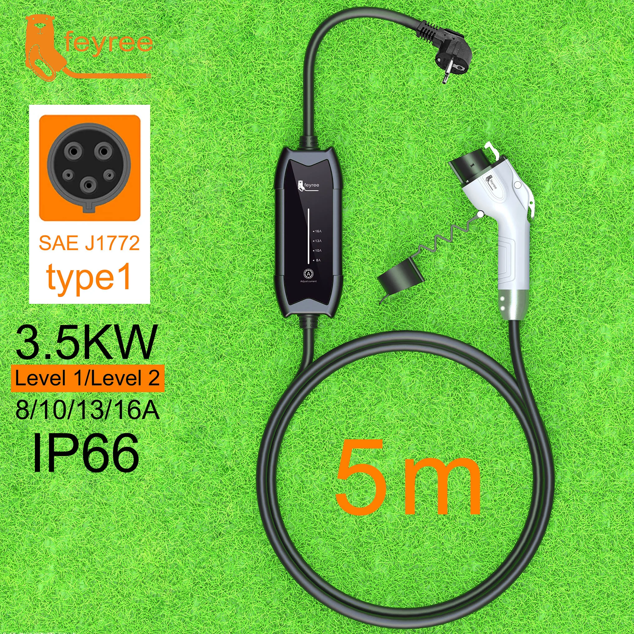Feyree Type2 3.5KW 16A 1Phase EV Charger Portable Charging Box Current Adjustable 5m Cable Charging Station for Electric Vehicle