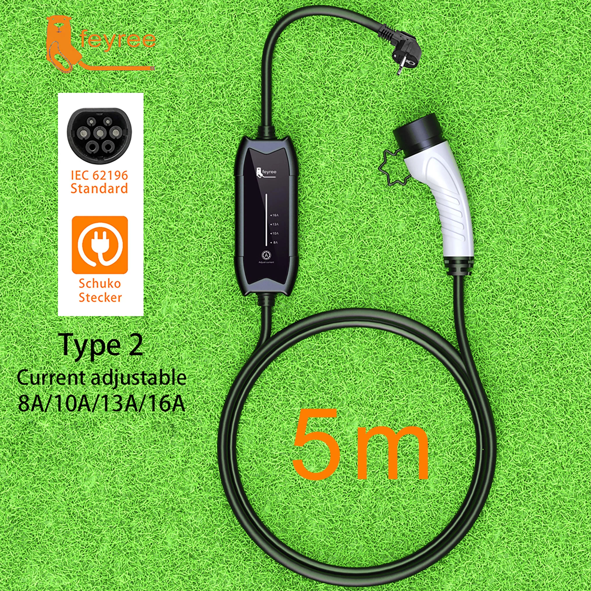 Feyree Type2 3.5KW 16A 1Phase EV Charger Portable Charging Box Current Adjustable 5m Cable Charging Station for Electric Vehicle