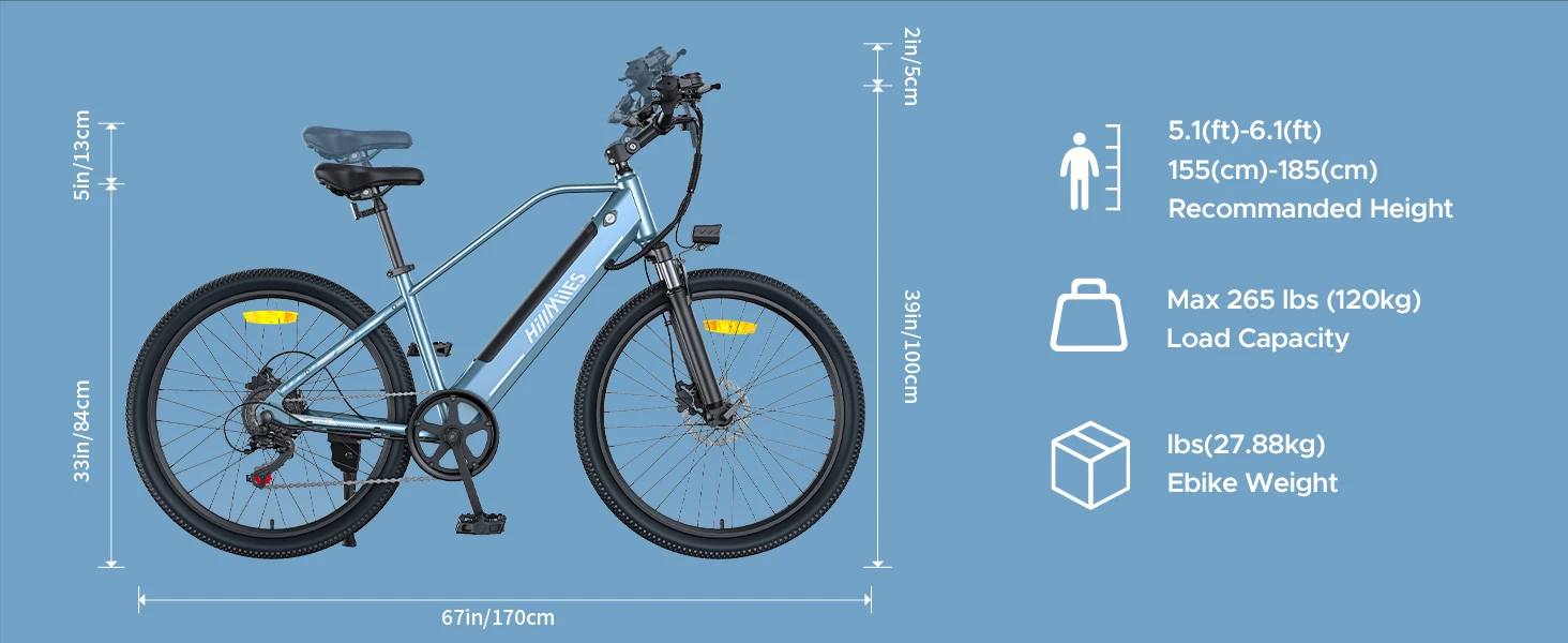 HillMiles MileTrail Electric Mountain Bike, 250W, 36V 13Ah Battery, 25km/h, Front Suspension, 7-Speed, Mechanical Disc Brakes
