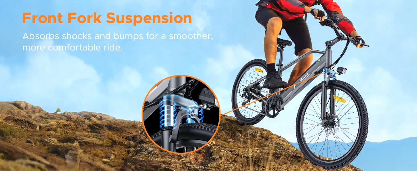 HillMiles MileTrail Electric Mountain Bike, 250W, 36V 13Ah Battery, 25km/h, Front Suspension, 7-Speed, Mechanical Disc Brakes